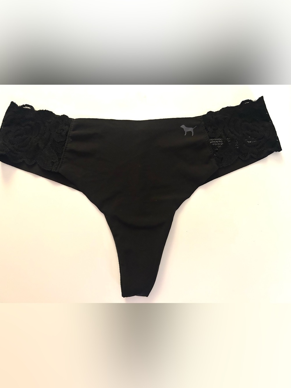 PINK Victoria's Secret Black Lace Panel Thong with Dog Silhouette